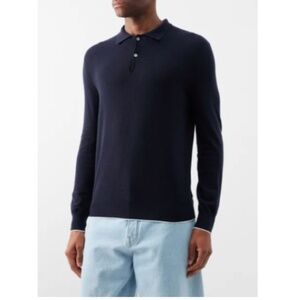 Arch4 Men's 'Swansea' Navy Baby Goat Cashmere Long Sleeve Polo Sweater sz L